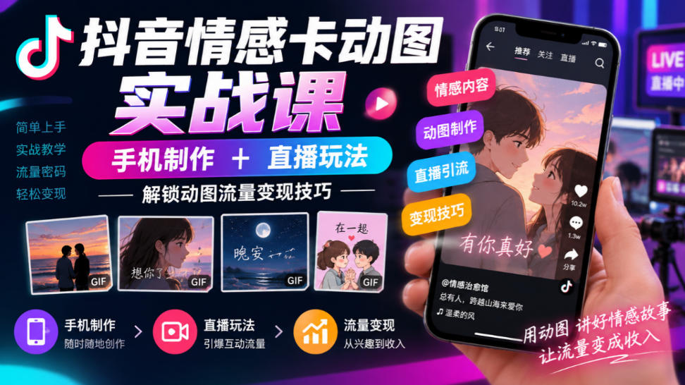抖音情感卡动图实战课｜手机制作+直播玩法，解锁动图流量变现技巧-创薯资源