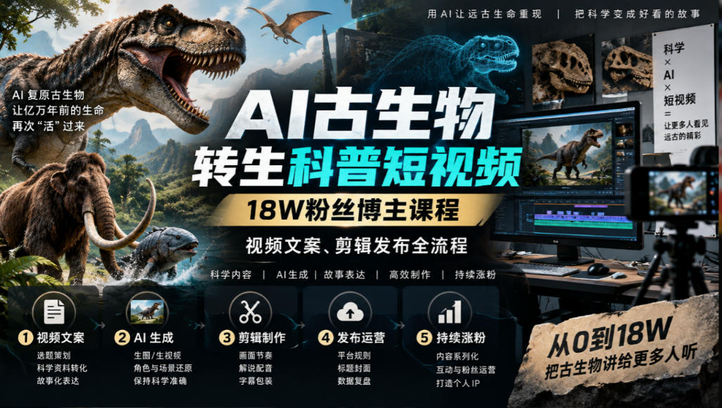 AI古生物转生科普短视频，18W粉丝博主课程，视频文案、剪辑发布全流程-创薯资源