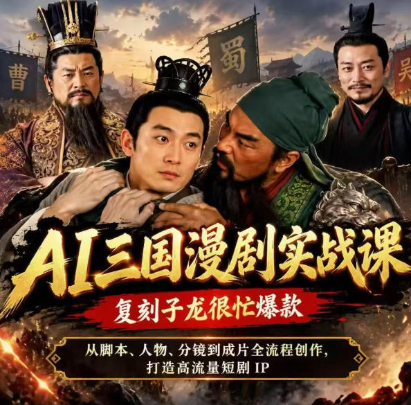 抖音14W粉博主同款AI三国漫剧实战课，复刻子龙很忙爆款，从脚本、人物、分镜到成片全流程创作，打造高流量短剧IP-创薯资源
