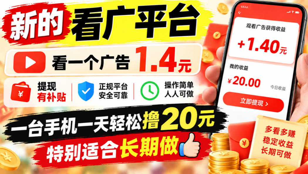 一个新的看广平台，看一个广告1.4元，提现有补贴,一台手机一天轻松撸20+，特别适合长期做【揭秘】-创薯资源