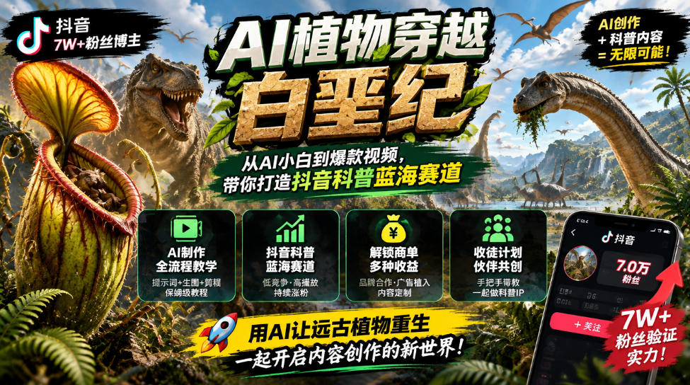 抖音7W粉丝博主的AI植物穿越白垩纪教学，抖音科普蓝海赛道，解锁商单收徒伙伴计划等多种收益-创薯资源