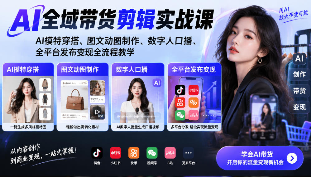 AI全域带货剪辑实战课｜AI模特穿搭、图文动图制作、数字人口播、全平台发布变现全流程教学-创薯资源