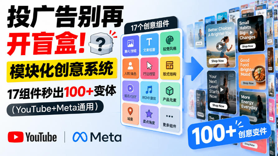 投广告别再开盲盒！模块化创意系统，17组件秒出100+变体(YouTube+Meta通用)【原创双语字幕】-创薯资源
