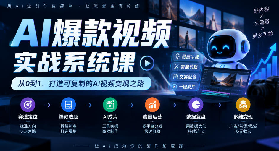 AI爆款视频实战系统课｜赛道定位、爆款选题、AI成片、流量运营、数据复盘、多维变现全链路教学-创薯资源