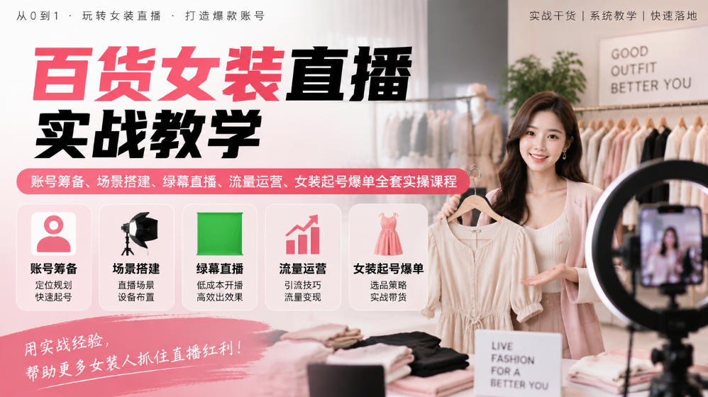 百货女装直播实战教学｜账号筹备、场景搭建、绿幕直播、流量运营、女装起号爆单全套实操课程-创薯资源