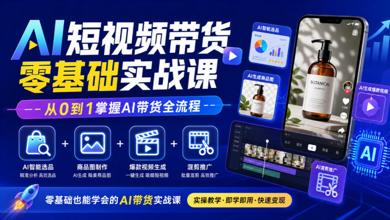 AI短视频带货零基础实战课｜AI智能选品+商品图制作+爆款视频生成+混剪推广，从0到1掌握AI带货全流程-创薯资源