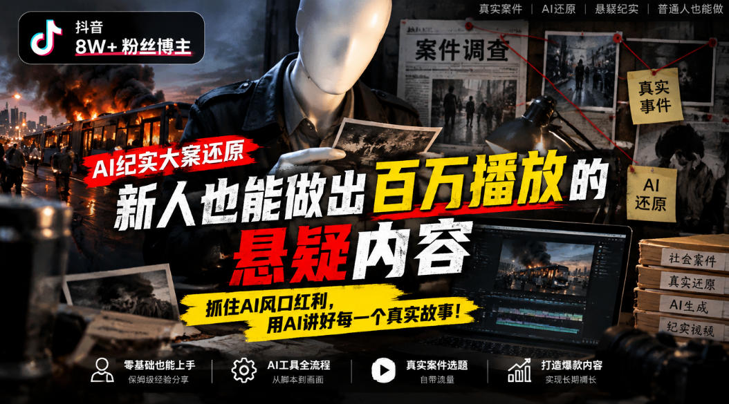 抖音8W粉丝博主的AI纪实大案还原教学，新人也能做出百W播放的悬疑内容，抓住AI风口红利，用AI讲好每一个真实故事-创薯资源