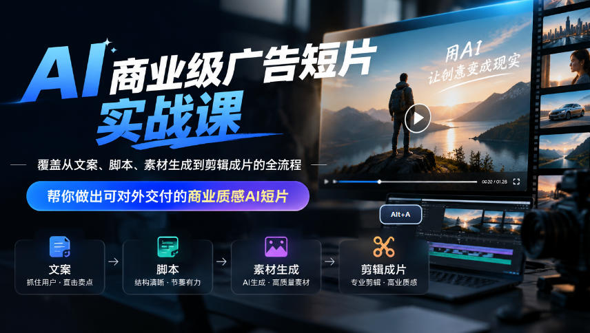 AI商业级广告短片实战课，覆盖从文案、脚本、素材生成到剪辑成片的全流程，帮你做出可对外交付的商业质感AI短片-创薯资源