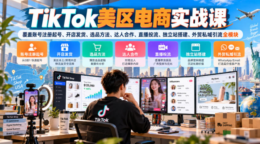 TikTok美区电商实战课，覆盖账号注册起号、开店发货、选品方法、达人合作、直播投流、独立站搭建、外贸私域引流全模块-创薯资源