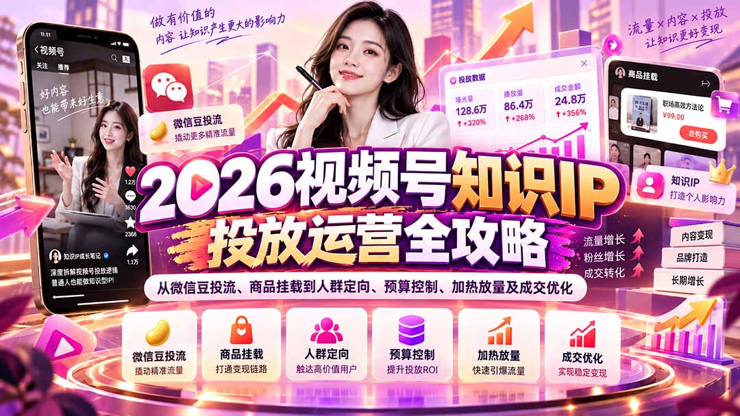 2026视频号知识IP投放运营全攻略：从微信豆投流、商品挂载到人群定向、预算控制、加热放量及成交优化-创薯资源