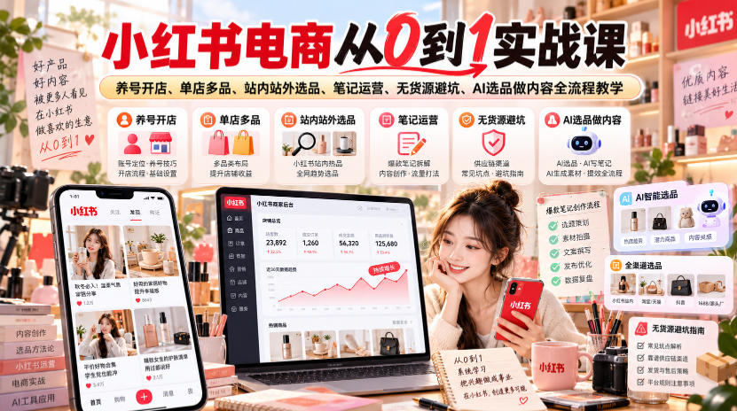 小红书电商从0到1实战课｜养号开店、单店多品、站内站外选品、笔记运营、无货源避坑、AI选品做内容全流程教学-创薯资源