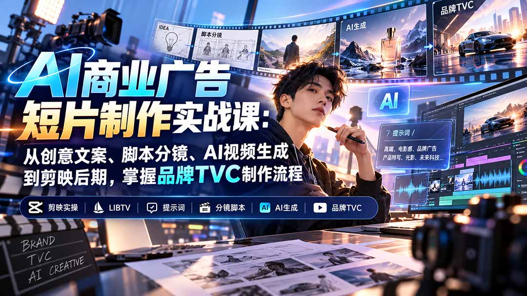 AI商业广告短片制作实战课：从创意文案、脚本分镜、AI视频生成到剪映后期，掌握品牌TVC制作流程-创薯资源