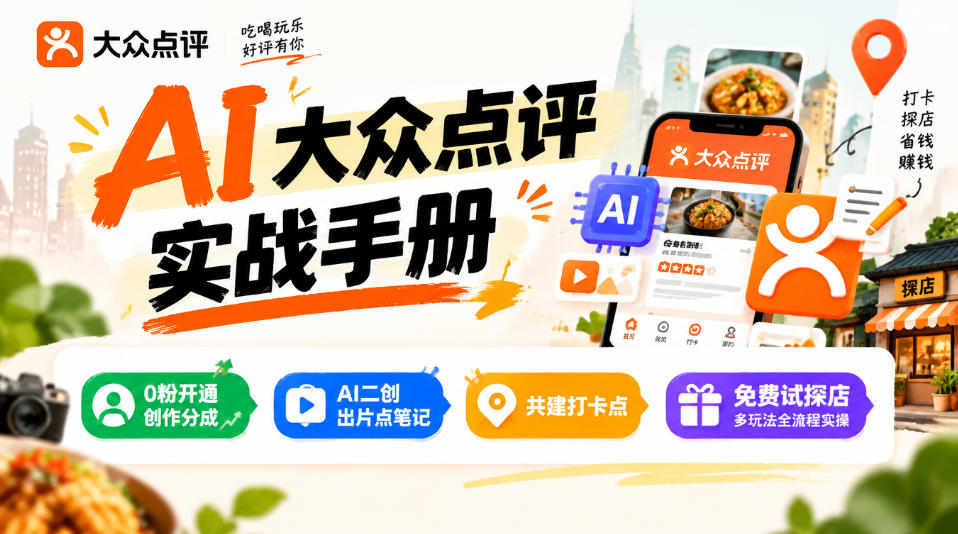 某局的AI大众点评实战手册，0粉开通创作分成、AI二创出片点笔记、共建打卡点、免费试探店多玩法全流程实操-创薯资源