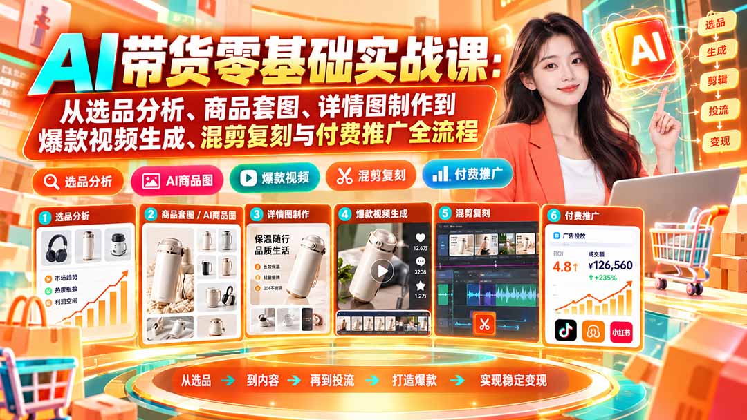 AI带货零基础实战课：从选品分析、商品套图、详情图制作到爆款视频生成、混剪复刻与付费推广全流程-创薯资源