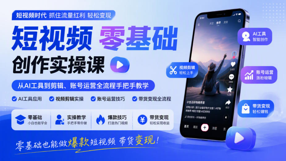 短视频零基础创作实操课，从AI工具到剪辑、账号运营全流程手把手教学，零基础也能做爆款短视频带货变现-创薯资源