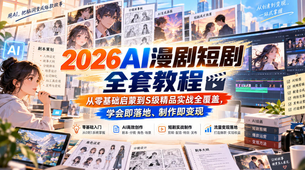 2026AI漫剧短剧全套教程，从零基础启蒙到S级精品实战全覆盖，学会即落地、制作即变现-创薯资源