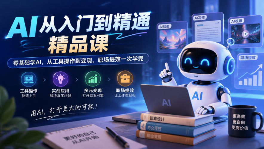 AI从入门到精通精品课，零基础学AI，从工具操作到变现、职场提效一次学完-创薯资源