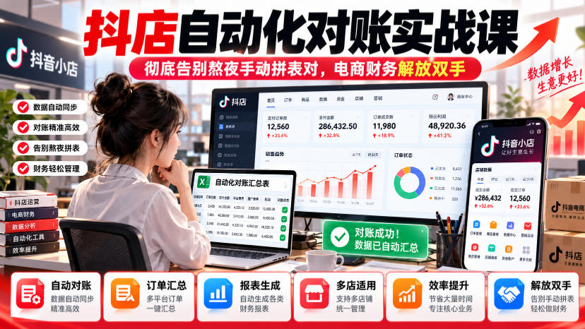 抖店自动化对账实战课，彻底告别熬夜手动拼表对，账电商财务解放双手-创薯资源