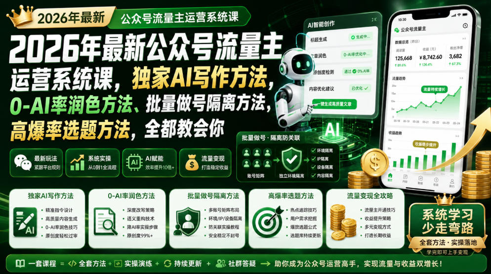 2026年最新公众号流量主运营系统课，独家AI写作方法，0-AI率润色方法、批量做号隔离方法、高爆率选题方法，全都教会你(更新1009)-创薯资源