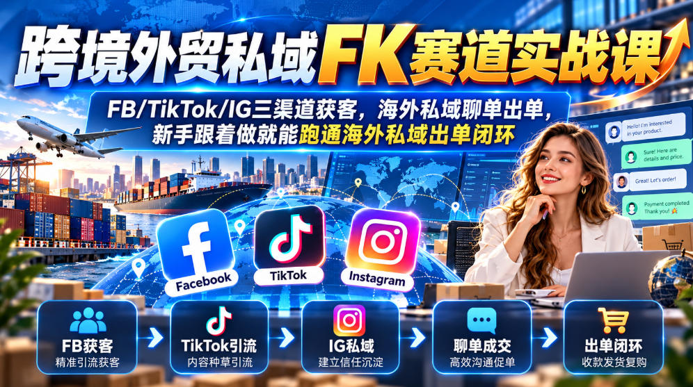 跨境外贸私域FK赛道实战课｜FB/TikTok/IG三渠道获客，海外私域聊单出单，新手跟着做就能跑通海外私域出单闭环-创薯资源