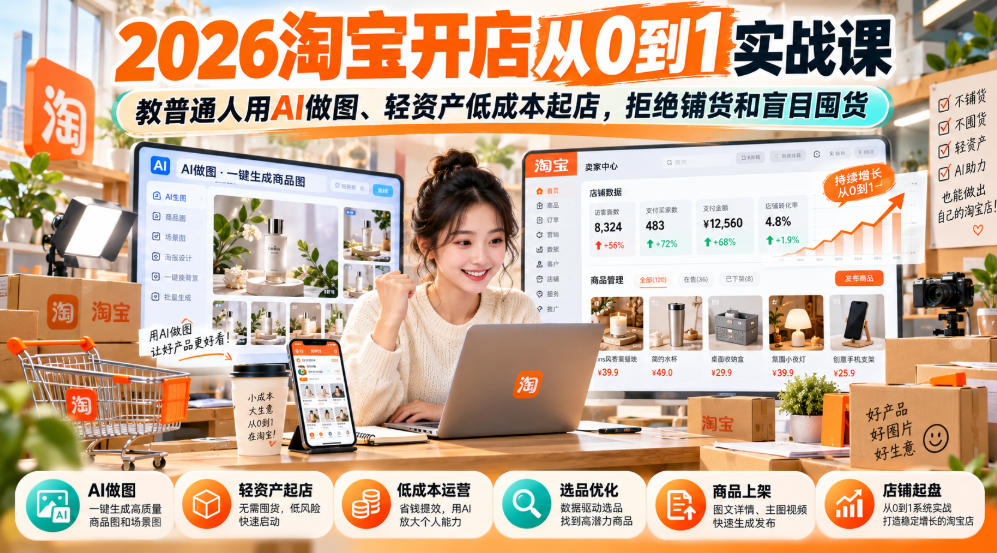 2026淘宝开店从0到1实战课，教普通人用AI做图、轻资产低成本起店，拒绝铺货和盲目囤货-创薯资源
