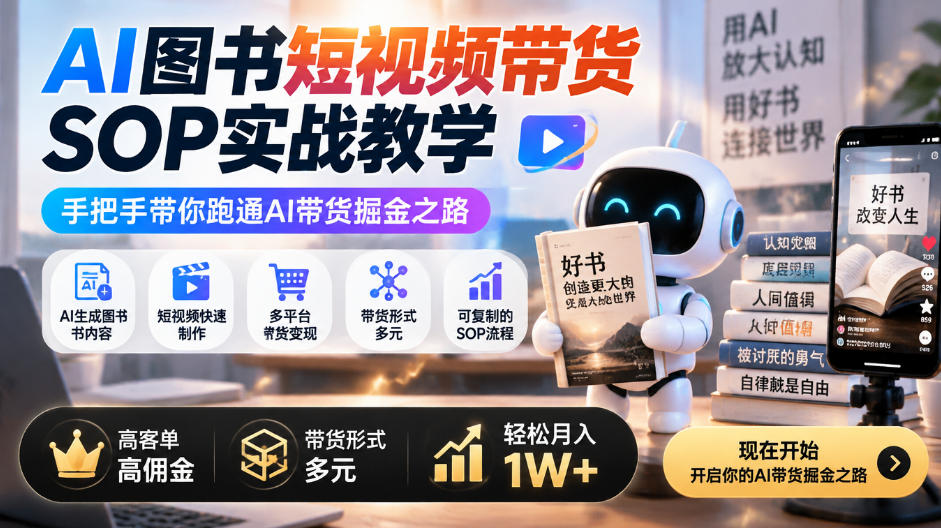 AI图书短视频带货SOP实战教学，手把手带你跑通AI带货掘金之路，高客单高佣金，带货形式多元，轻松月入1W+-创薯资源