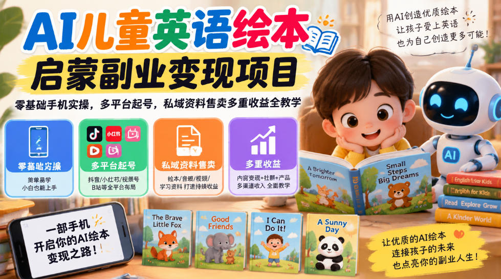AI儿童英语绘本启蒙副业变现项目，零基础手机实操，多平台起号，私域资料售卖多重收益全教学-创薯资源