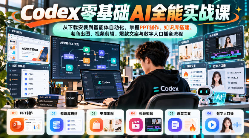 Codex零基础AI全能实战课：从下载安装到智能体自动化，掌握知识库搭建、电商出图、视频剪辑、爆款文案与数字人口播全流程-创薯资源