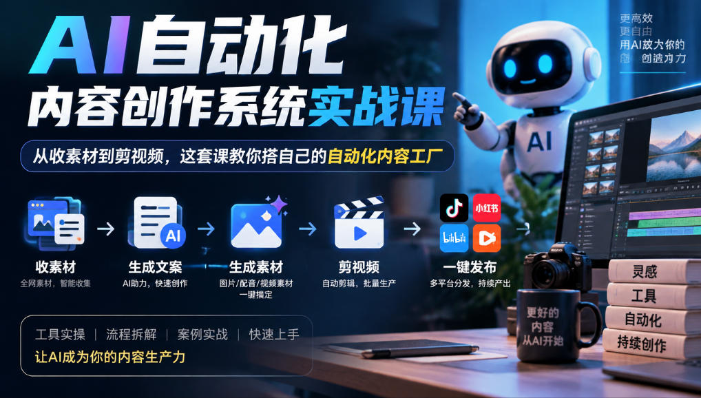 AI自动化内容创作系统实战课，从收素材到剪视频，这套课教你搭自己的自动化内容工厂-创薯资源