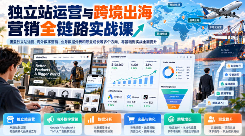 独立站运营与跨境出海营销全链路实战课，覆盖独立站运营、海外数字营销、业务数据分析和职业成长等多个方向，零基础到实战全面提升-创薯资源