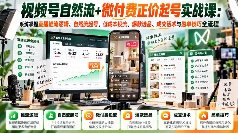 视频号自然流+微付费正价起号实战课：系统掌握直播推流逻辑、自然流起号、低成本投流、爆款选品、成交话术与憋单技巧全流程-创薯资源