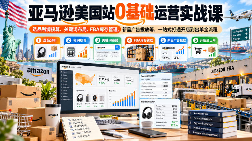 亚马逊美国站0基础运营实战课｜选品利润核算、关键词布局、FBA库存管理、新品广告投放等，一站式打通开店到出单全流程-创薯资源