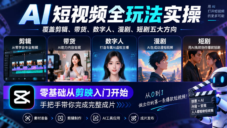 AI短视频全玩法实操，覆盖剪辑、带货、数字人、漫剧、短剧五大方向，零基础从剪映入门开始，手把手带你完成完整成片-创薯资源