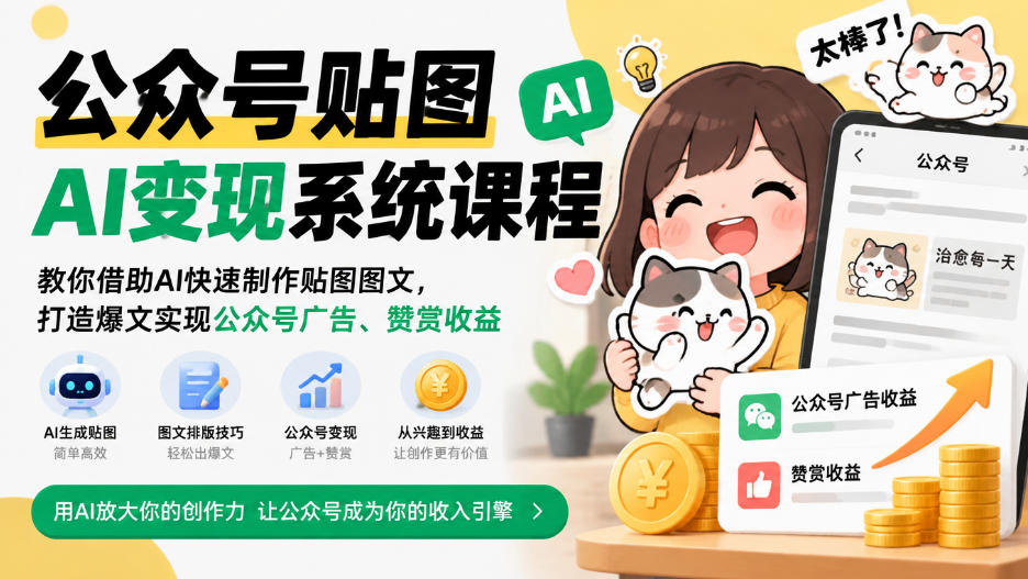 公众号贴图AI变现系统课程｜教你借助AI快速制作贴图图文，打造爆文实现公众号广告、赞赏收益-创薯资源