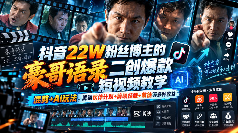 抖音22W粉丝博主的豪哥语录二创爆款短视频教学,混剪+AI玩法,解锁伙伴计划+剪映挂载+收徒等多种收益