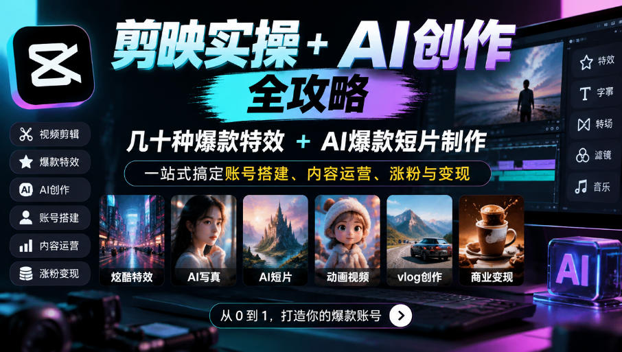 剪映实操+AI创作全攻略｜几十种爆款特效+AI爆款短片制作，一站式搞定账号搭建、内容运营、涨粉与变现-创薯资源