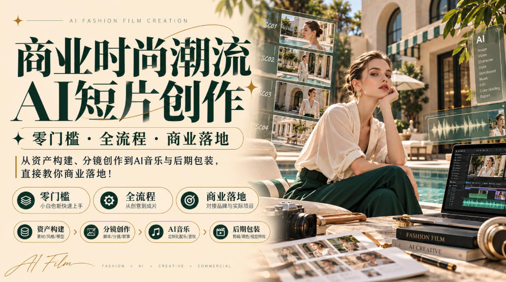 商业时尚潮流AI短片创作｜零门槛・全流程・商业落地，从资产构建、分镜创作到AI音乐与后期包装，直接教你商业落地！-创薯资源