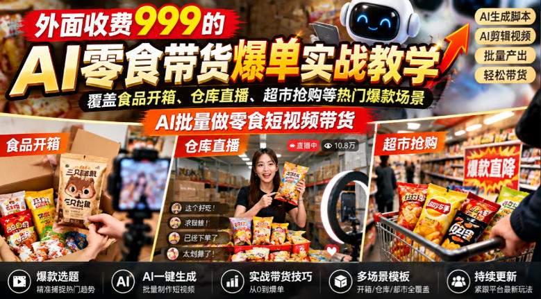 外面收费999的AI零食带货爆单实战教学，覆盖食品开箱、仓库直播、超市抢购等热门爆款场景，AI批量做零食短视频带货-创薯资源