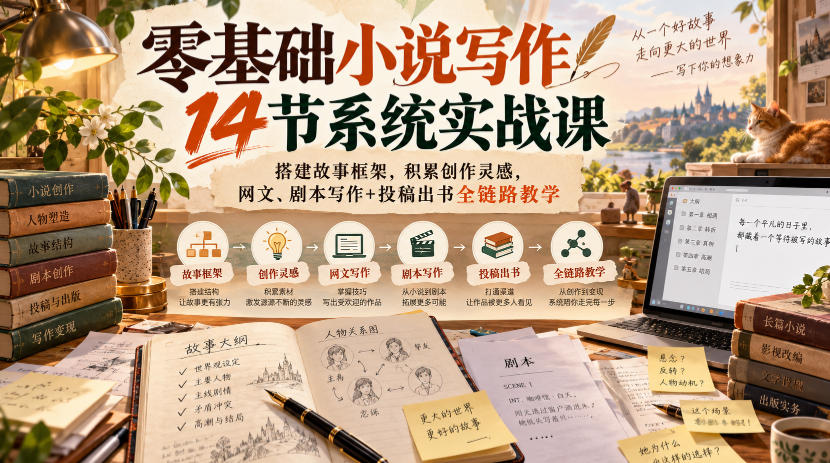 零基础小说写作14节系统实战课，搭建故事框架，积累创作灵感，网文、剧本写作+投稿出书全链路教学-创薯资源
