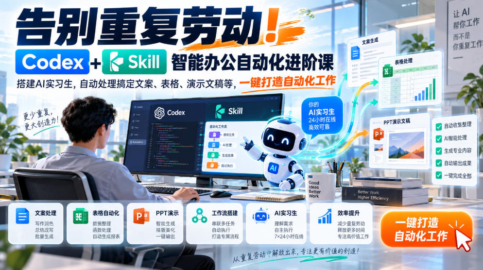 告别重复劳动！Codex+Skill智能办公自动化进阶课｜搭建AI实习生，自动处理搞定文案、表格、演示文稿等，一键打造自动化工作-创薯资源