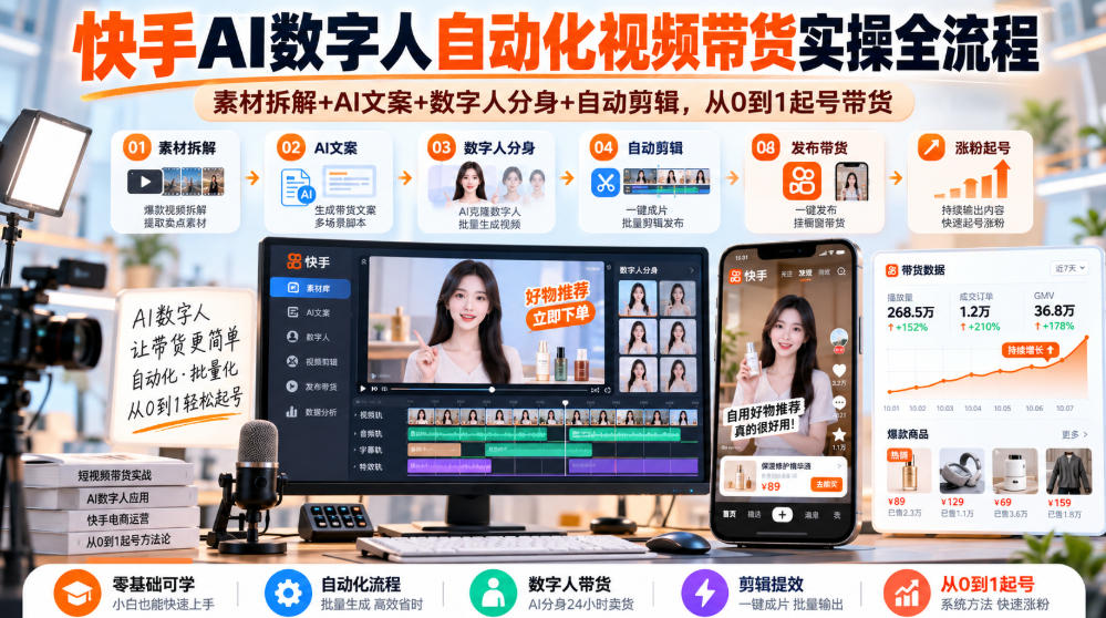快手AI数字人自动化视频带货实操全流程｜素材拆解+AI文案+数字人分身+自动剪辑，从0到1起号带货(更新26年)-创薯资源
