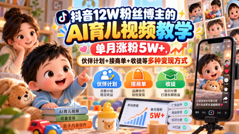抖音12W粉丝博主的AI育儿视频教学，单月涨粉5W+，伙伴计划+接商单+收徒等多种变现方式-创薯资源