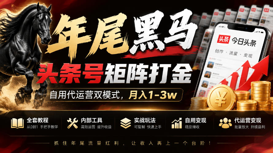 【年尾黑马】头条号矩阵打金，自用代运营双模式，月入1-3w，附全套教程及内部工具【揭秘】-创薯资源