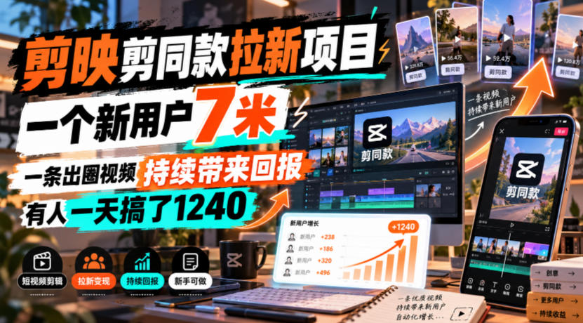 剪映剪同款拉新项目，一个新用户7米，一条出圈视频持续带来回报，有人一天搞了1240-创薯资源