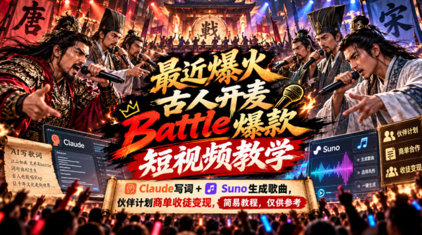最近爆火古人开麦Battle爆款短视频教学，Claude写词+Suno生成歌曲，伙伴计划商单收徒变现，简易教程，仅供参考-云网创