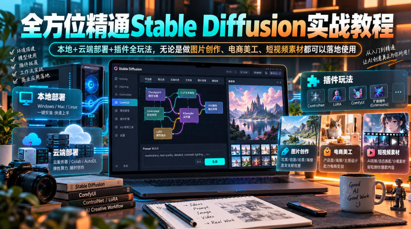 全方位精通Stable Diffusion实战教程｜本地+云端部署+插件全玩法，无论是做图片创作、电商美工、短视频素材都可以落地使用-创薯资源