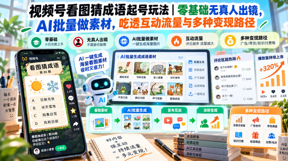 视频号看图猜成语起号玩法｜零基础无真人出镜，AI批量做素材，吃透互动流量与多种变现路径-云网创