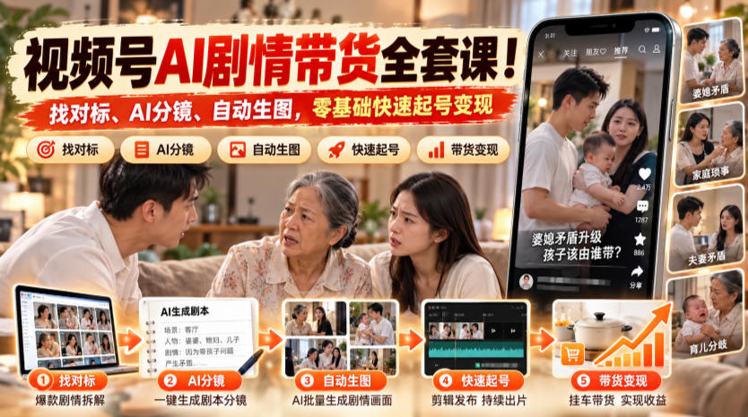 视频号AI剧情带货全套课！找对标、AI分镜、自动生图，零基础快速起号变现-创薯资源