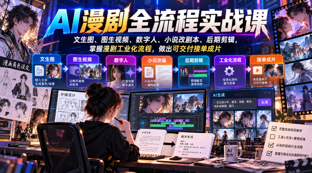 AI漫剧全流程实战课，文生图、图生视频、数字人、小说改剧本、后期剪辑，掌握漫剧工业化流程，做出可交付接单成片-创薯资源