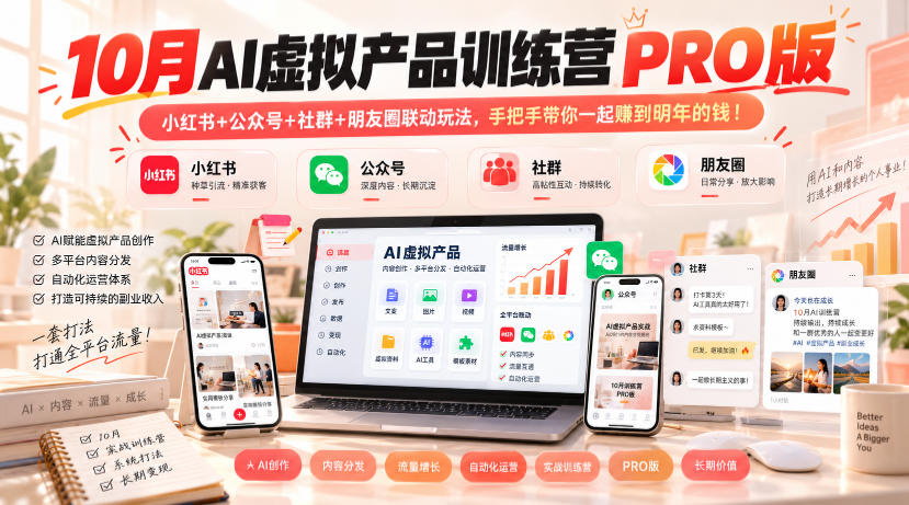 10月AI虚拟产品训练营PRO版，小红书+公众号+社群+朋友圈联动玩法，手把手带你一起赚到明年的钱！-云网创